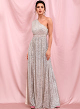 Sparkle All Night Silver One Shoulder Sequin Maxi Dress - Fashion Genie Boutique