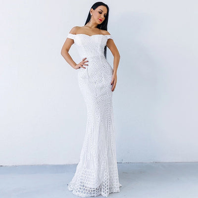 Monroe White Bardot Sequin Maxi Gown Dress - Fashion Genie Boutique