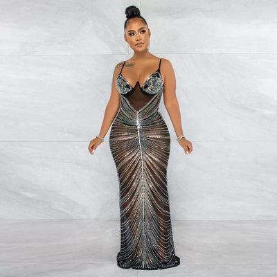Love Affair Black Mesh Rhinestone Embellished Maxi Dress - Fashion Genie Boutique