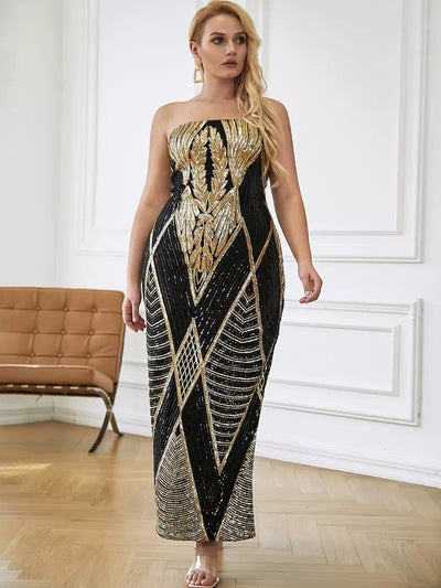 Enchanted Black & Gold Strapless Sequin Midi Dress - Plus - Fashion Genie Boutique