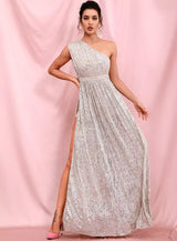Sparkle All Night Silver One Shoulder Sequin Maxi Dress - Fashion Genie Boutique