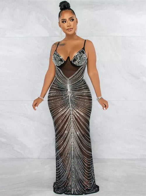 Love Affair Black Mesh Rhinestone Embellished Maxi Dress - Fashion Genie Boutique