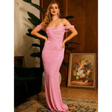 Shimmer Here Pink Bardot Sequin Maxi Dress - Fashion Genie Boutique