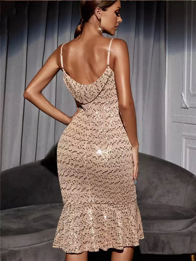 Dream Boat Champagne Sequin Frill Hem Midi Dress - Fashion Genie Boutique