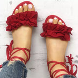 Special To You Red Ruffle Flat Lace Up Sandals - Fashion Genie Boutique