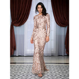 Forever Flawless Gold Sequin Long Sleeve Maxi Fishtail Gown Dress - Fashion Genie Boutique
