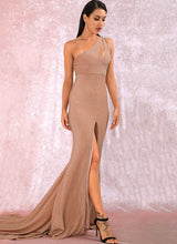 Dream Dancer Nude One Shoulder Split Maxi Dress - Fashion Genie Boutique