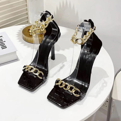 Leader Of The Pack Black Gold Chain High Sandals - Fashion Genie Boutique