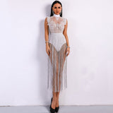 Gamble On Me White Mesh Sequin Fringe Bodysuit - Fashion Genie Boutique