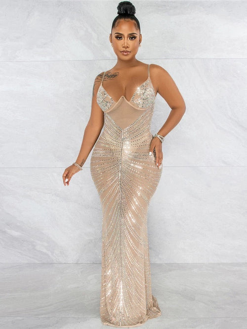 Love Affair Nude Mesh Rhinestone Embellished Maxi Dress - Fashion Genie Boutique