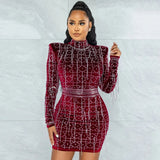 City Sleek Red Rhinestone Embellished Long Sleeve Mini Dress - Fashion Genie Boutique