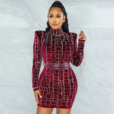 City Sleek Red Rhinestone Embellished Long Sleeve Mini Dress - Fashion Genie Boutique