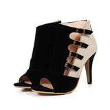 High Class Chic Black & Tan Two Tone Buckle Open Toe Heels - Fashion Genie Boutique