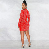 Farrah Red Rhinestone Embellished Mesh Long Sleeve Mini Dress - Fashion Genie Boutique
