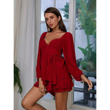 Ruffle Like This Red Plunge Long Sleeve Playsuit - Fashion Genie Boutique