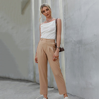 Girl Goals Khaki High Waisted Straight Leg Trousers - Fashion Genie Boutique