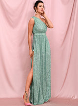 Sparkle All Night Green One Shoulder Sequin Maxi Dress - Fashion Genie Boutique