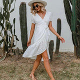 Elegant White Wrap Midi Dress - Fashion Genie Boutique
