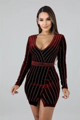 Cafe Society Burgundy Long Sleeve Rhinestone Mini Dress - Fashion Genie Boutique