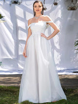 Sheer Romance White Bardot Tulle Maxi Gown Dress - Fashion Genie Boutique