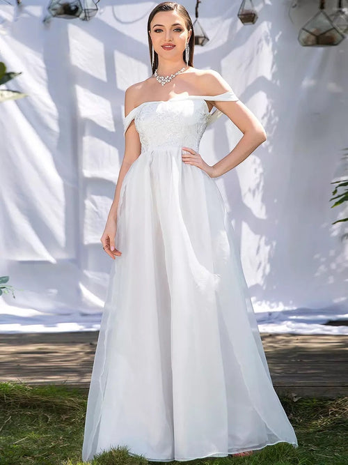Sheer Romance White Bardot Tulle Maxi Gown Dress - Fashion Genie Boutique