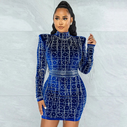 City Sleek Blue Rhinestone Embellished Long Sleeve Mini Dress - Fashion Genie Boutique