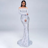 Be Mine Silver Bardot Feather Long Sleeve Maxi Fishtail Dress - Fashion Genie Boutique