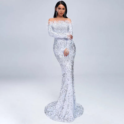 Be Mine Silver Bardot Feather Long Sleeve Maxi Fishtail Dress - Fashion Genie Boutique