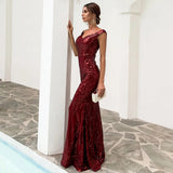 Monroe Burgundy Bardot Sequin Maxi Gown Dress - Fashion Genie Boutique