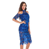 Confessions Blue Halter Sequin Tassel Midi Dress - Fashion Genie Boutique