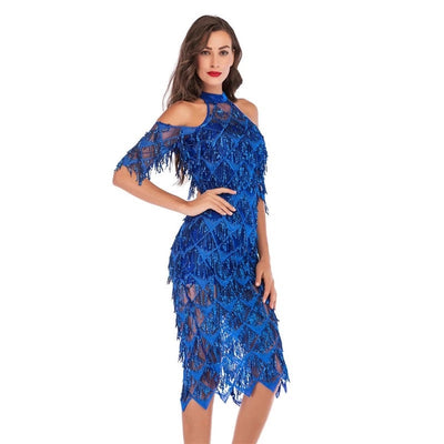 Confessions Blue Halter Sequin Tassel Midi Dress - Fashion Genie Boutique
