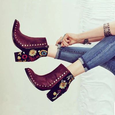 Texas Burgundy Embroidered Ankle Boot - Fashion Genie Boutique
