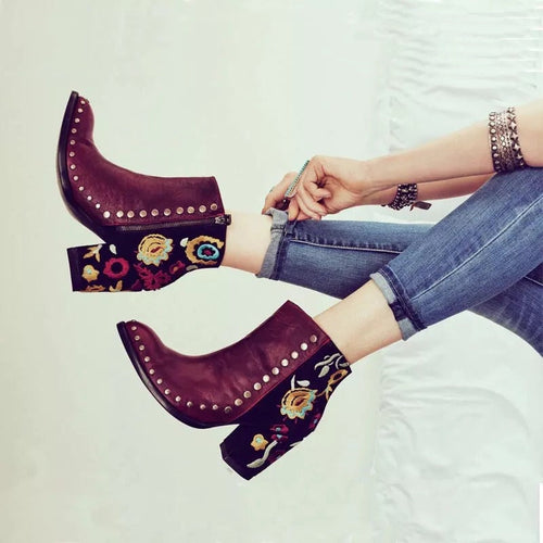 Texas Burgundy Embroidered Ankle Boot - Fashion Genie Boutique