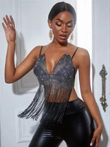 Go Ahead Black Rhinestone Fringe Crop Top - Fashion Genie Boutique