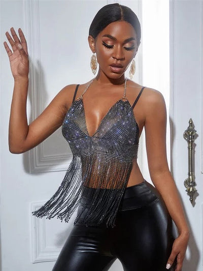 Go Ahead Black Rhinestone Fringe Crop Top - Fashion Genie Boutique