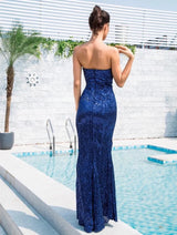 Disco Belle Navy Sequin Strapless Split Maxi Gown Dress - Fashion Genie Boutique