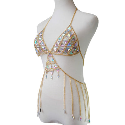 Showtime Glitter Gold Rhinestone Body Bralette - Fashion Genie Boutique