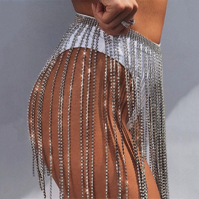 Rhinestone Silver Tassel Chain Skirt - Fashion Genie Boutique