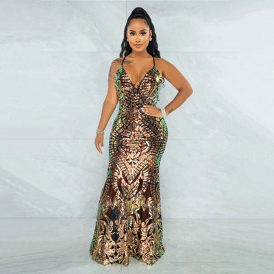 Own The Room Gold Sequin Iridescent Maxi Fishtail Dress - Fashion Genie Boutique