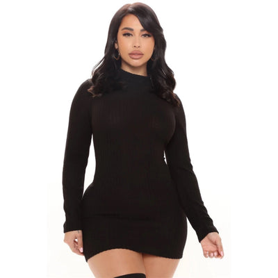 Autumn Affair Black Long Sleeve Ribbed Mini Dress - Fashion Genie Boutique