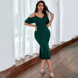 Classy Chic Green Cold Shoulder Ruffle Midi Dress - Fashion Genie Boutique