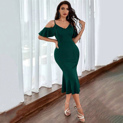 Classy Chic Green Cold Shoulder Ruffle Midi Dress - Fashion Genie Boutique
