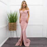 Sweetie Pink Bardot Ruched Maxi Split Dress - Fashion Genie Boutique