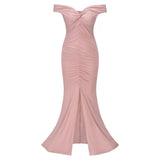 Sweetie Pink Bardot Ruched Maxi Split Dress - Fashion Genie Boutique