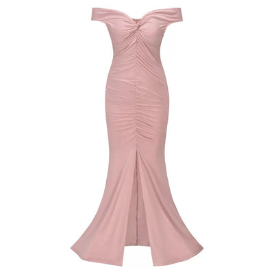 Sweetie Pink Bardot Ruched Maxi Split Dress - Fashion Genie Boutique