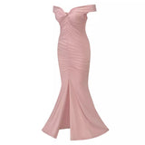 Sweetie Pink Bardot Ruched Maxi Split Dress - Fashion Genie Boutique