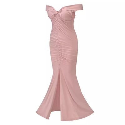 Sweetie Pink Bardot Ruched Maxi Split Dress - Fashion Genie Boutique