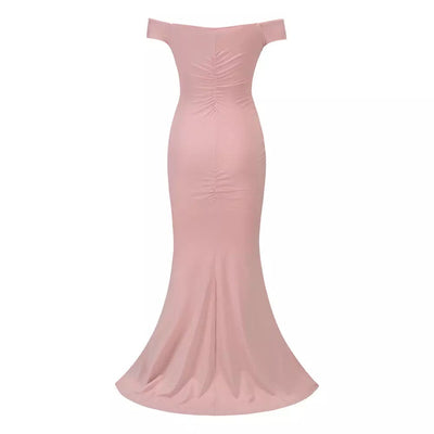 Sweetie Pink Bardot Ruched Maxi Split Dress - Fashion Genie Boutique