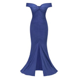 Sweetie Blue Bardot Ruched Maxi Split Dress - Fashion Genie Boutique