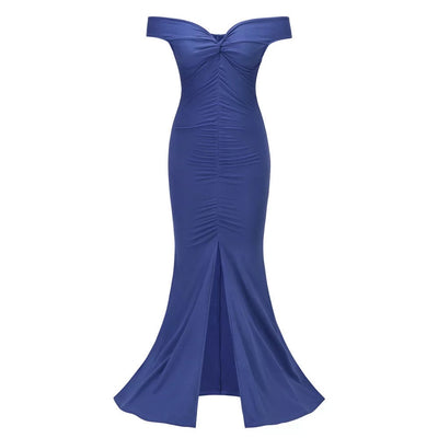 Sweetie Blue Bardot Ruched Maxi Split Dress - Fashion Genie Boutique